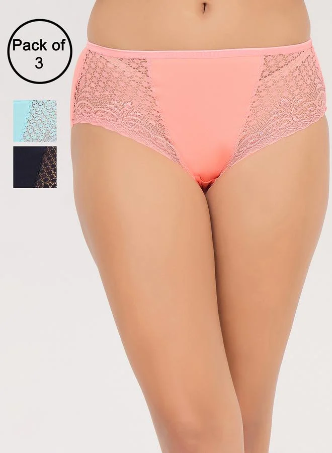 Clovia Multi Pack of 3-Mid Waist Hipster Panty with Lace Wings - Cotton for Women | Best Price UAE